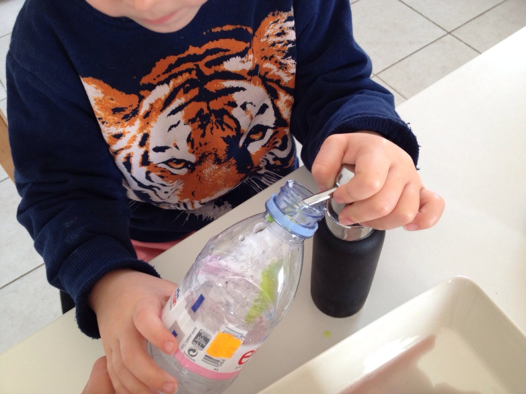 Put two pumps of soap into  your bottle, then add two teaspoons of baking soda.