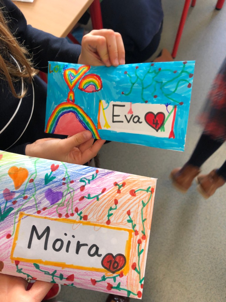 ESL conversation questions for Valentine's Day are used to make cards for classmates. This photo shows some personal envelopes to store them in.