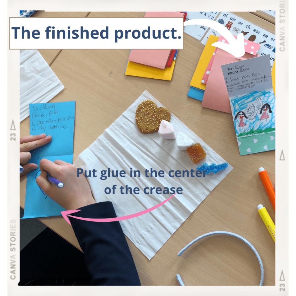 ESL conversation questions for Valentine's Day are used to make cards for classmates. This photo shows some personal cards.